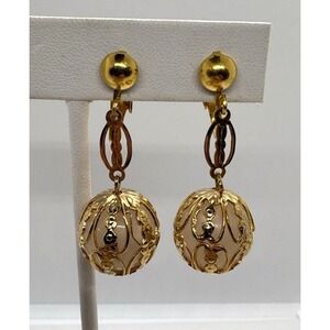 Vintage‎ Gold Tone Filigree Ball Drop Clip-On Earrings Dangle Retro Statement